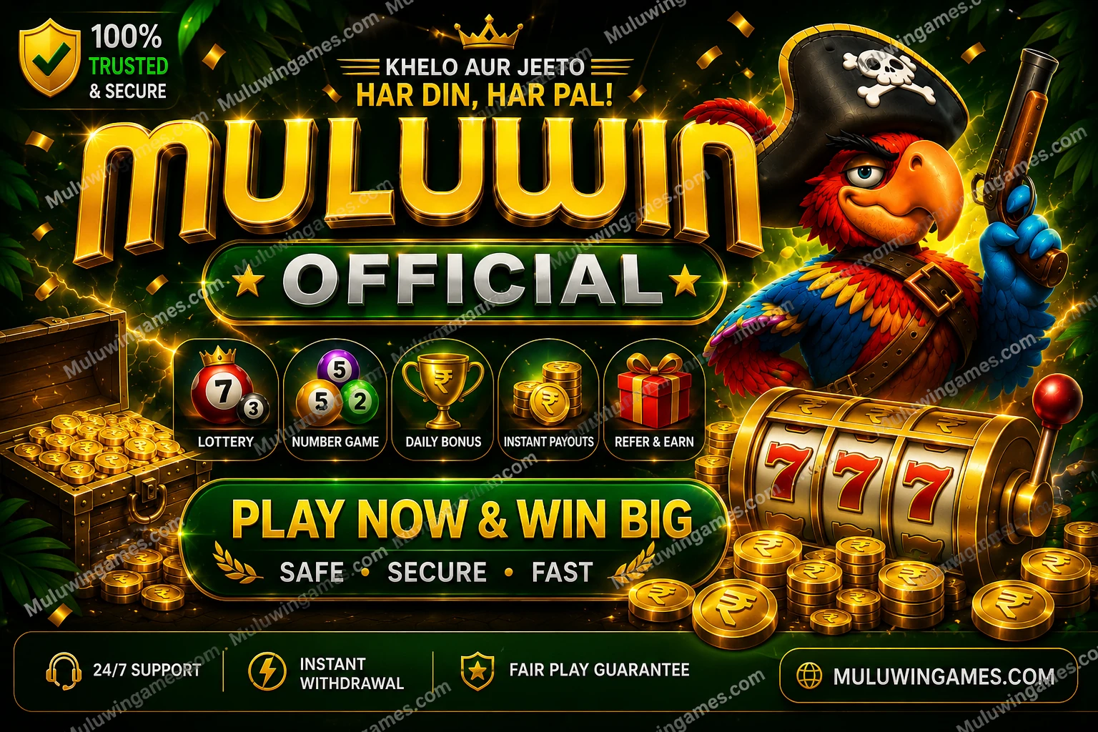 Muluwin official gaming hub screen with gold and green jungle theme