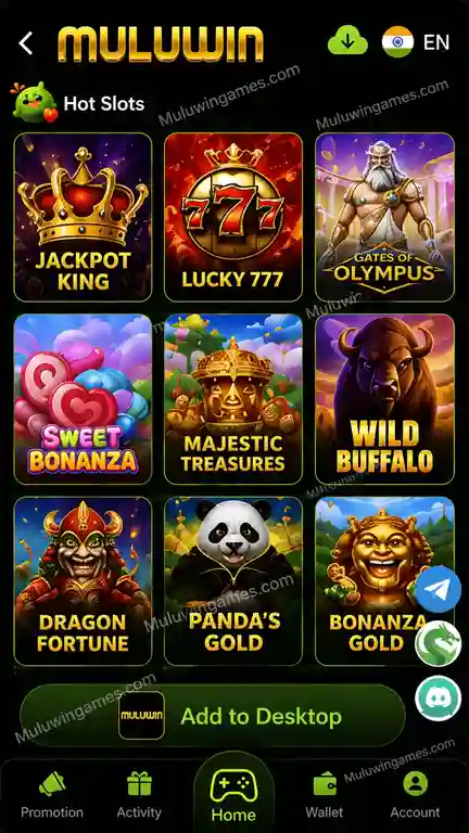 Muluwin hot slots tab featuring Jackpot King and Gates of Olympus tiles
