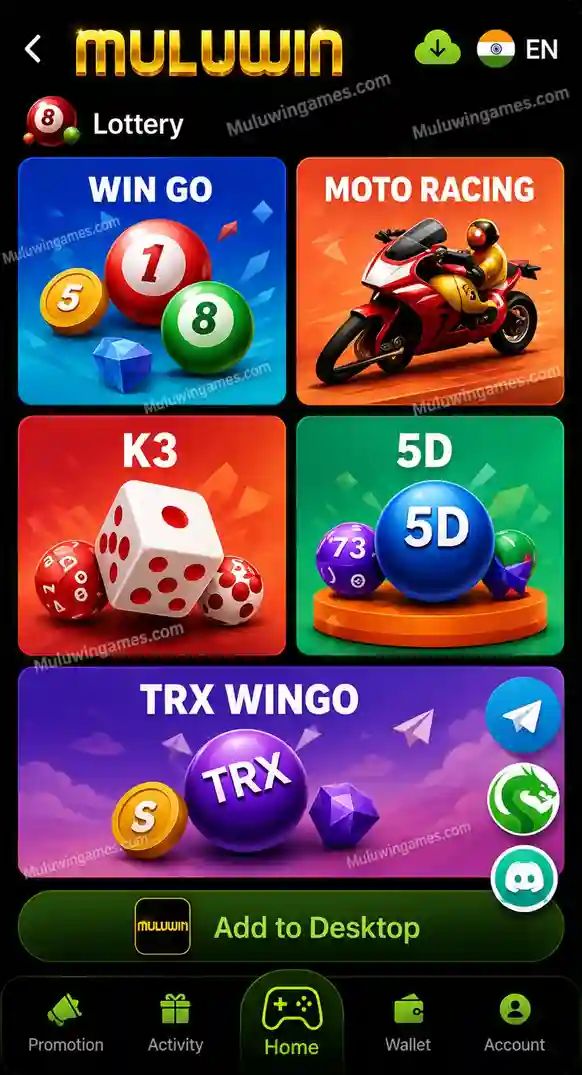 Muluwin lottery games tab showing Win Go, TRX Wingo, K3, 5D and Moto Racing