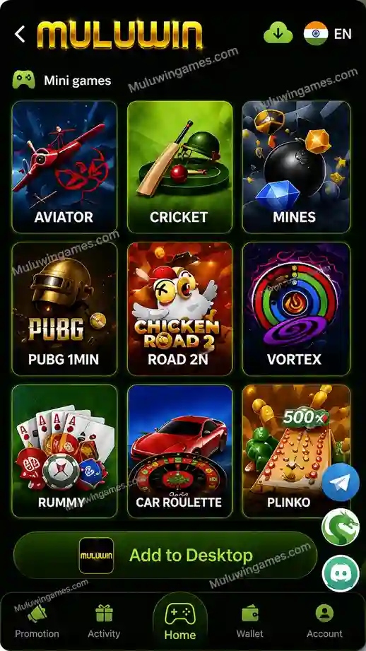 Muluwin mini games tab with Aviator, Cricket, Mines, PUBG 1MIN and Plinko tiles