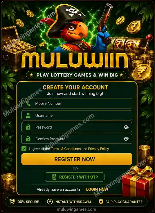 Muluwin registration screen with mobile number, username and password fields