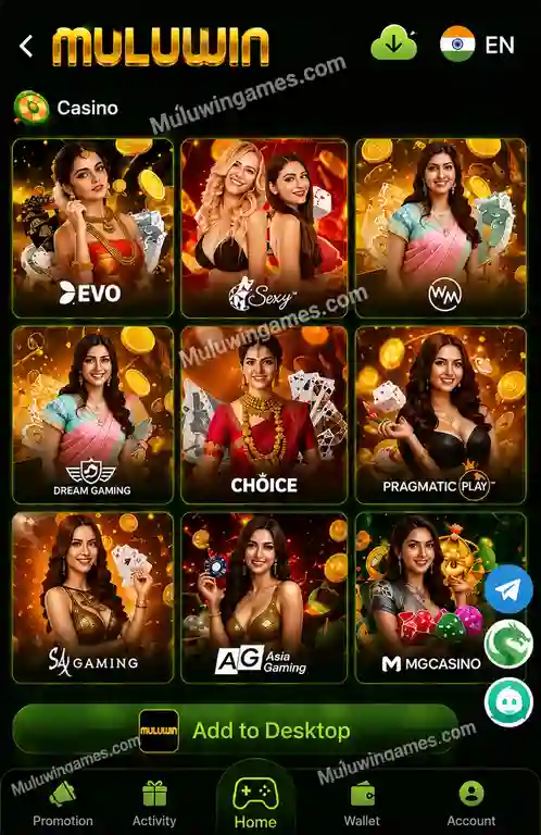Muluwin Casino tab listing Evolution, Pragmatic Play and other live-dealer providers