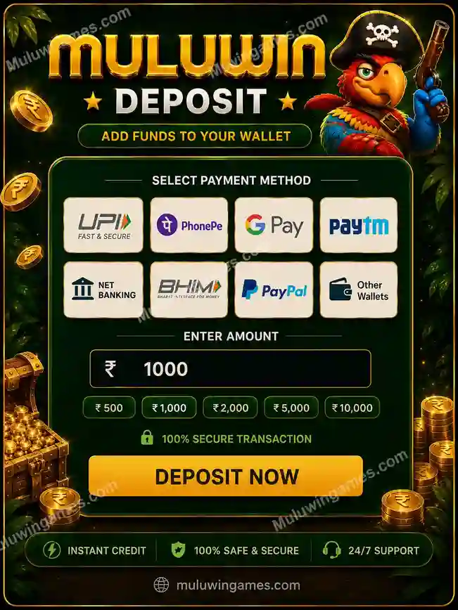 Muluwin add funds to your wallet screen with payment method icons and quick amount buttons