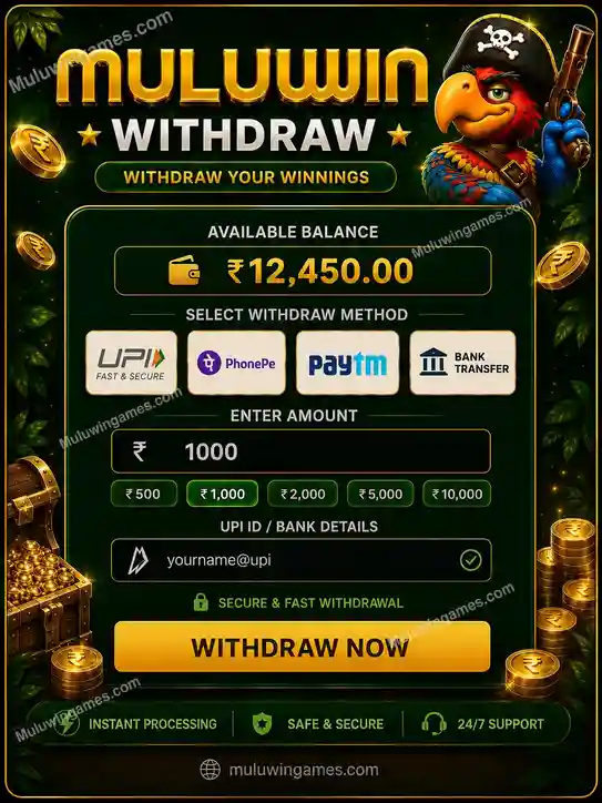 Muluwin withdraw your winnings screen showing available balance and payout method icons
